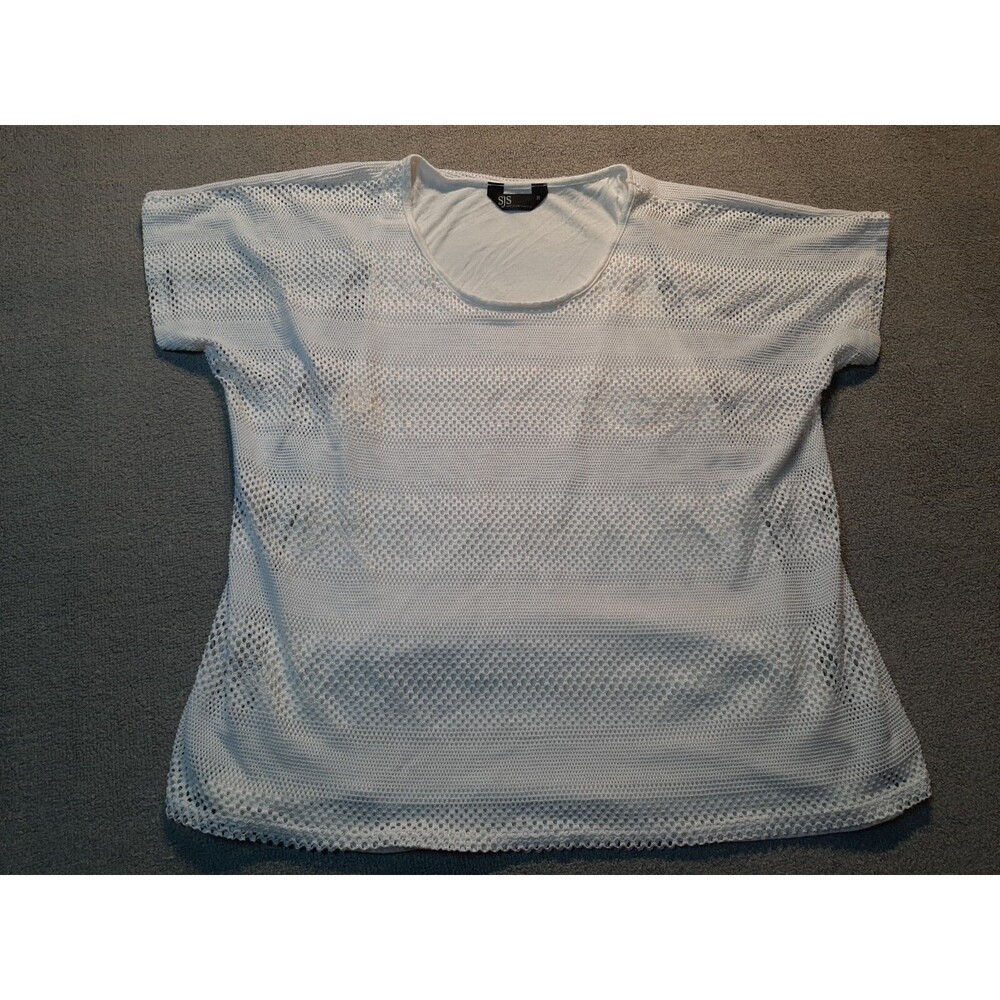 SJS top Womens Medium M Tee Shirt White Lined Short Sleeve